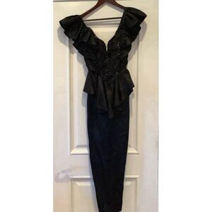Vtg David Howard Climax Karen Okada Black Cocktail Dress Sz 5/6 Ruffle Beaded